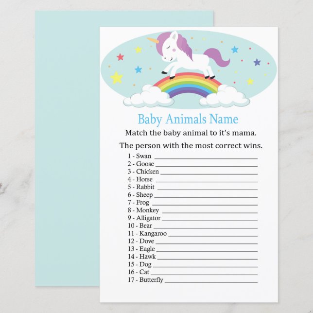 Unicorn Baby djur Namn Game (Fram/baksida)