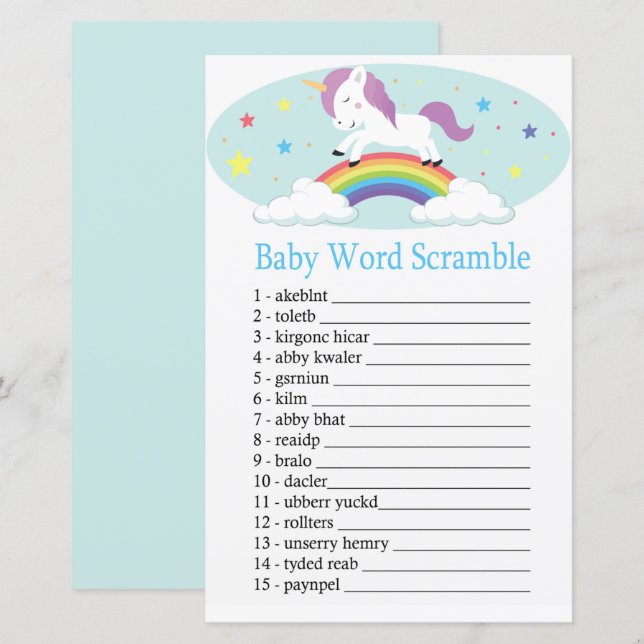 Unicorn Baby ord-lerspel (Fram/baksida)