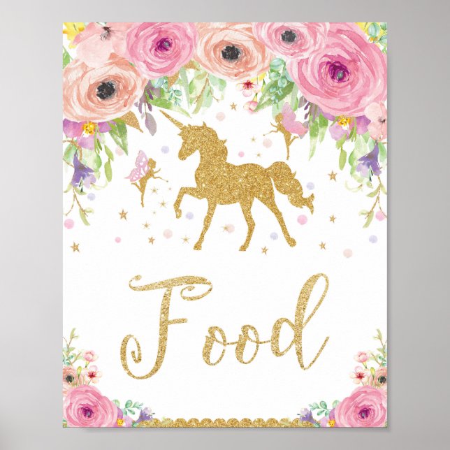 Unicorn Baby Shower Birthday Food Fairy Blommigt Poster (Framsidan)