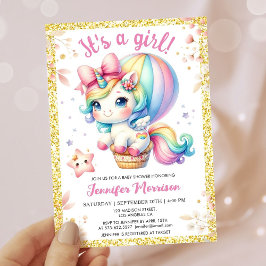 Unicorn Baby Shower Blommigt Girl Rosa & Guld Inbjudningar