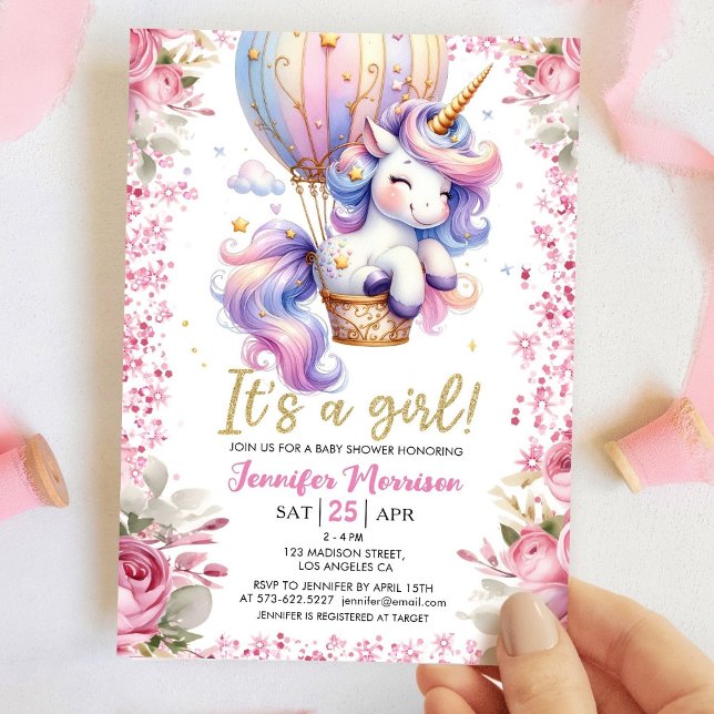Unicorn Baby Shower Girl Blommigt Rosa Balloon Inbjudningar (Skapare uppladdad)