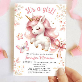 Unicorn Baby Shower Girl Floral Blush Pink Unicorn Inbjudningar