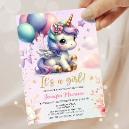 Unicorn Baby Shower Girl Lila Ballogs Rosa Inbjudningar