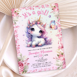 Unicorn Baby Shower Girl Lila Rosa Blommigt Cute Inbjudningar