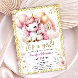 Unicorn Baby Shower Girl Pink Gold Balloon Inbjudningar