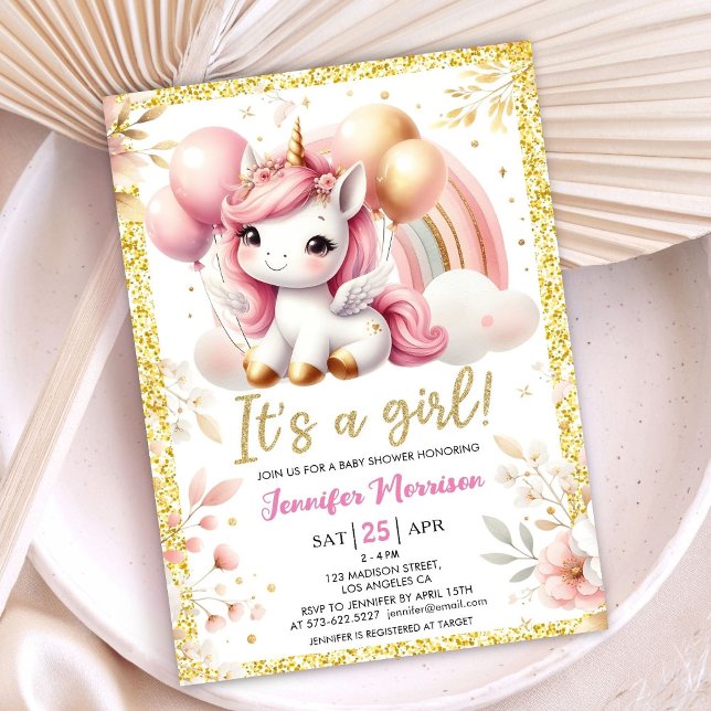 Unicorn Baby Shower Girl Pink Gold Balloon Inbjudningar (Skapare uppladdad)