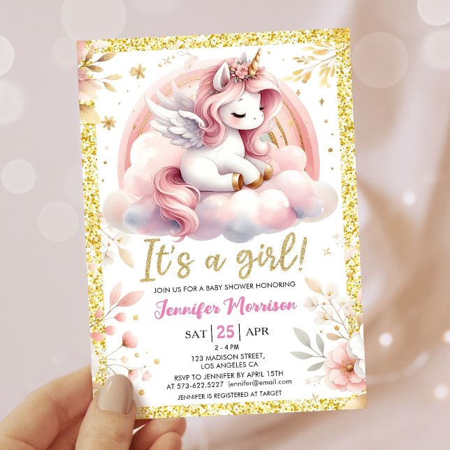 Unicorn Baby Shower Girl Rosa & Guld Fairy Inbjudningar (Skapare uppladdad)