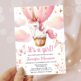 Unicorn Baby Shower Girl Rosa Luftballong Inbjudningar