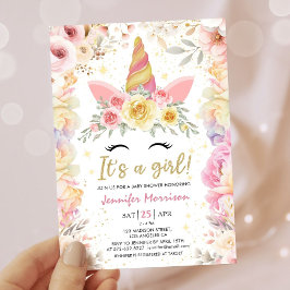 Unicorn Baby Shower Guld Rosa Girl Blommigt Girl Inbjudningar