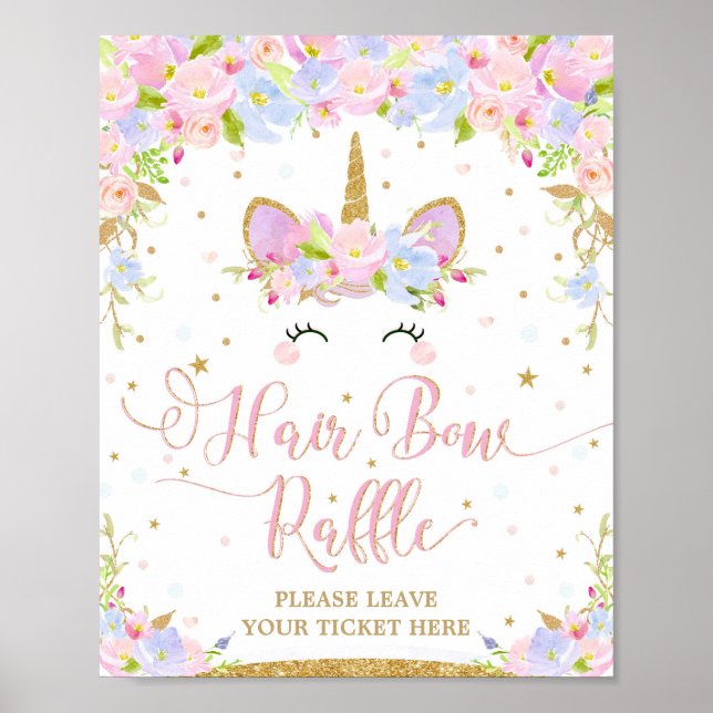 Unicorn Baby Shower Hair Bow Raffle-skylt Poster (Framsidan)