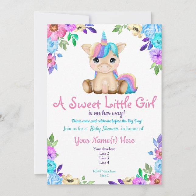 Unicorn Baby Shower-inbjudan, Blommigt-inbjudan Inbjudningar (Framsida)