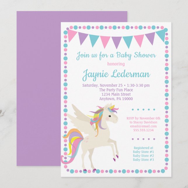 Unicorn Baby Shower-inbjudan Kön Neutral Inbjudningar (Fram/baksida)