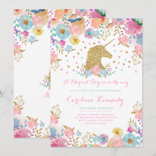 Unicorn Baby Shower-inbjudan, magisk babystölder Inbjudningar (Fram/baksida)