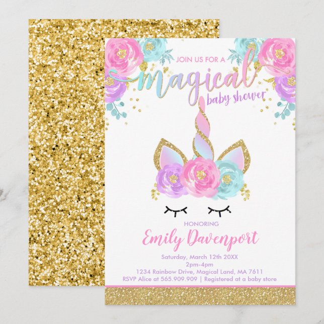 Unicorn Baby Shower-inbjudan, magisk babystölder Inbjudningar (Fram/baksida)
