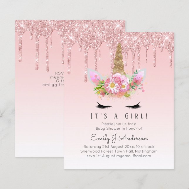 Unicorn Baby Shower-inbjudan Rosa Girls Cute (Fram/baksida)