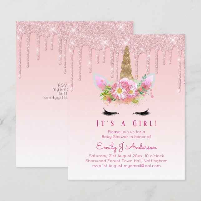 Unicorn Baby Shower-inbjudan Rosa Girls Cute (Fram/baksida)