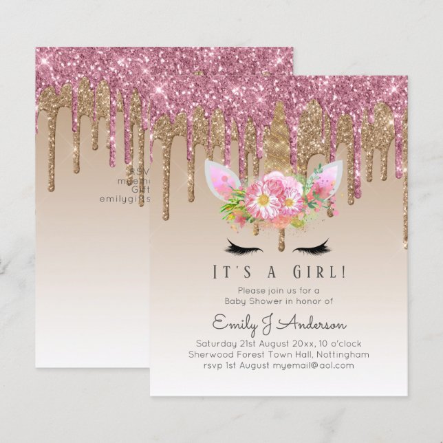 Unicorn Baby Shower-inbjudan Rosa Girls Cute (Fram/baksida)