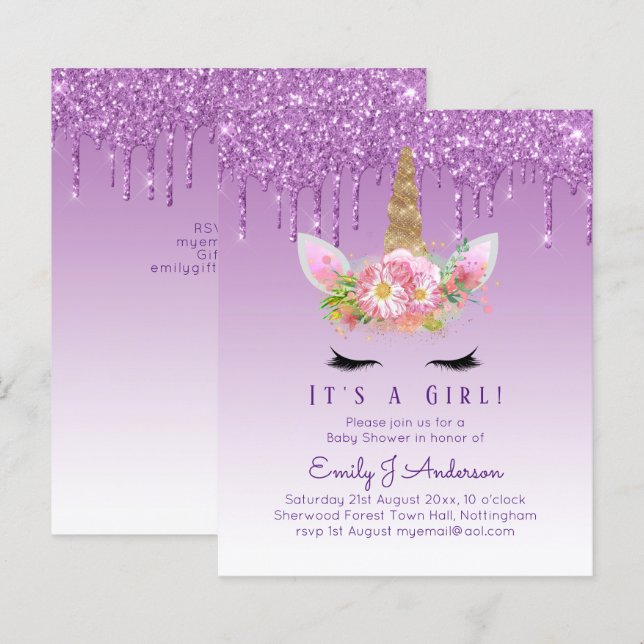 Unicorn Baby Shower-inbjudan Rosa Girls Cute (Fram/baksida)