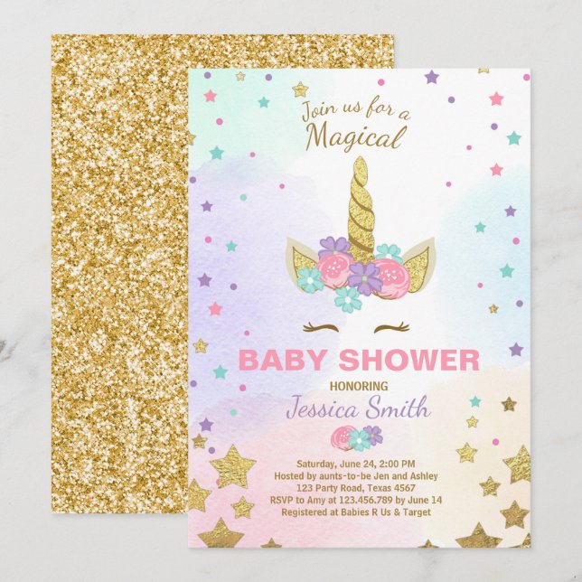 Unicorn Baby Shower-inbjudan Rosa Guld Magic Inbjudningar (Fram/baksida)