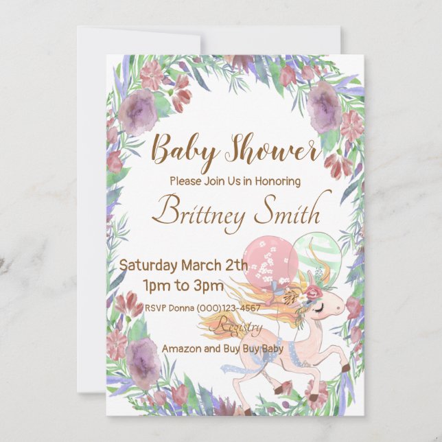 Unicorn Baby Shower-inbjudan, Unicorn-Blommigt, Julkort (Framsida)