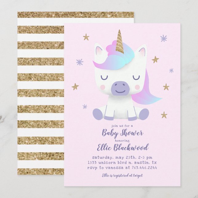 Unicorn Baby Shower Inbjudningar (Fram/baksida)