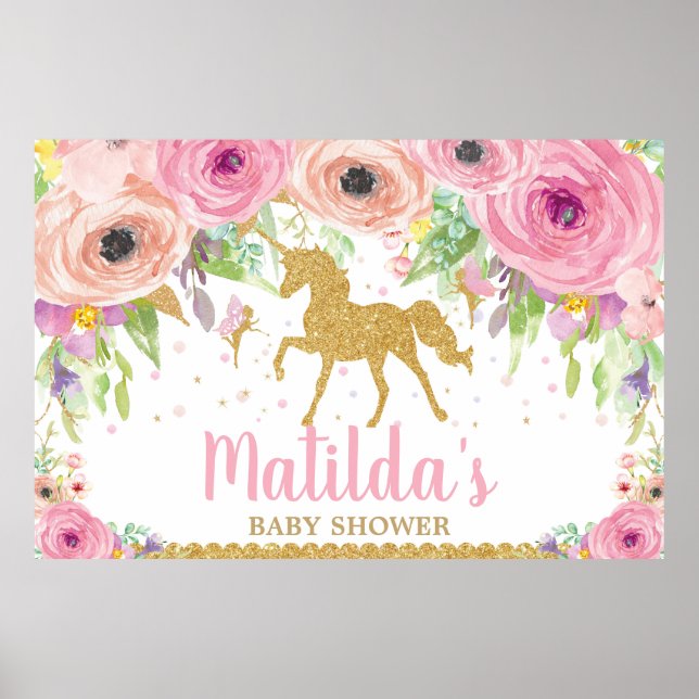 Unicorn Baby Shower Party BackDrop Banner Girl Poster (Framsidan)