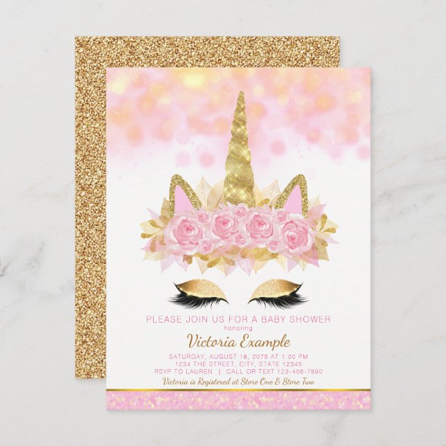 Unicorn Baby Shower Rosa Guld Unicorn Ansikte Inbjudningar (Fram/baksida)