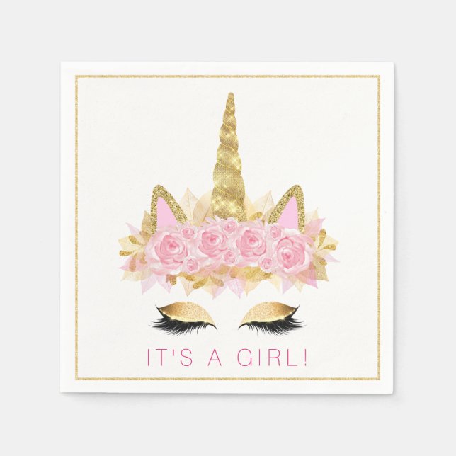 Unicorn Baby Shower Rosa Guld Unicorn Ansikte Napk Pappersservett (Framsidan)