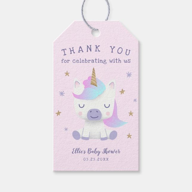 Unicorn Baby Shower-Tack-favoriter Presentetikett (Framsidan)