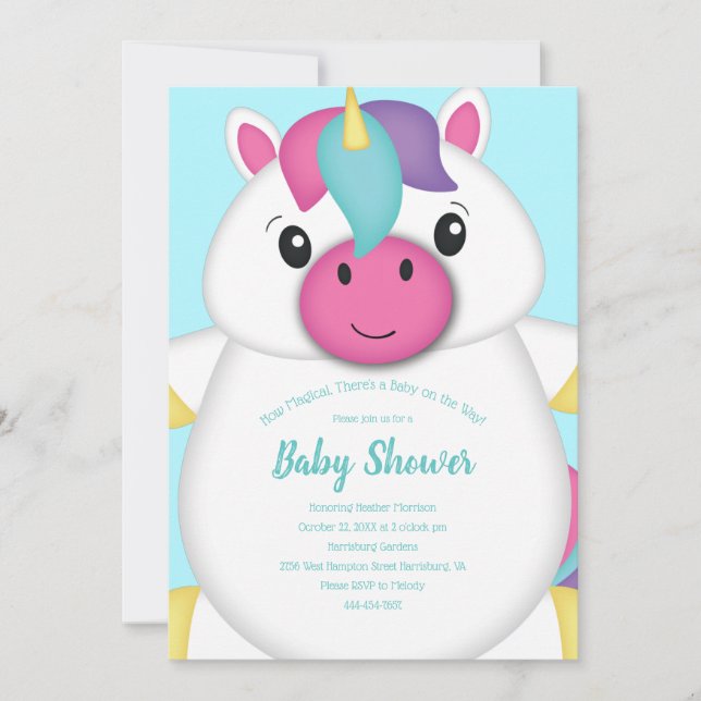 Unicorn Baby Shower Teal Inbjudningar (Framsida)
