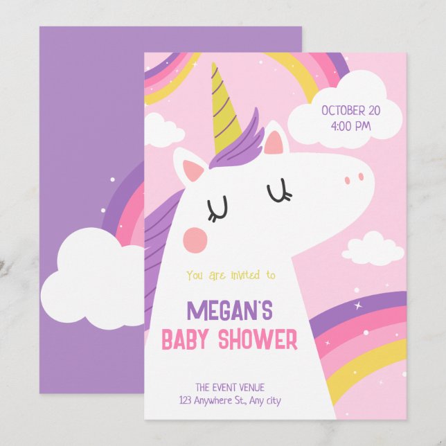 Unicorn babydusch inbjudningar (Fram/baksida)