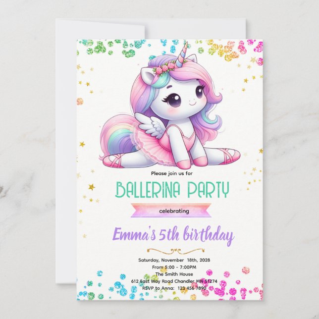 Unicorn ballerina party invitation inbjudningar (Framsida)
