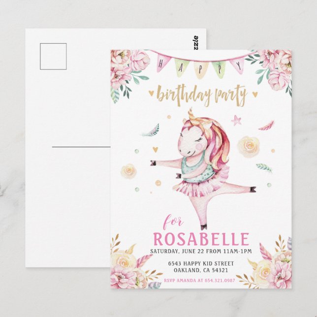 Unicorn Ballerina Rosa Blommigt Birthday Call Vykort (Fram/baksida)