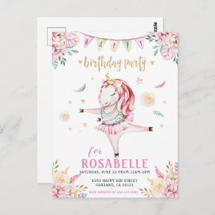 Unicorn Ballerina Rosa Blommigt Birthday Call Vykort