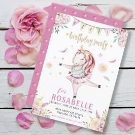 Unicorn Ballerina Rosa Blommigt Födelsedagsfest Inbjudningar