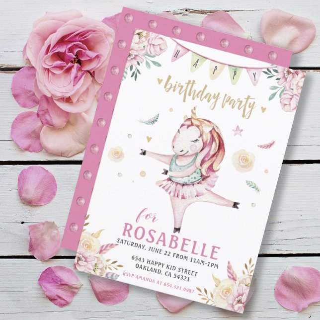 Unicorn Ballerina Rosa Blommigt Födelsedagsfest Inbjudningar (Skapare uppladdad)