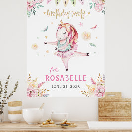 Unicorn Ballerina Rosa Blommigt Födelsedagsfest Poster