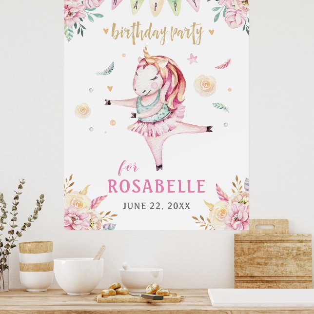 Unicorn Ballerina Rosa Blommigt Födelsedagsfest Poster (Kök)