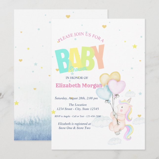 Unicorn,ballonger,Stars Baby Shower Inbjudningar (Fram/baksida)