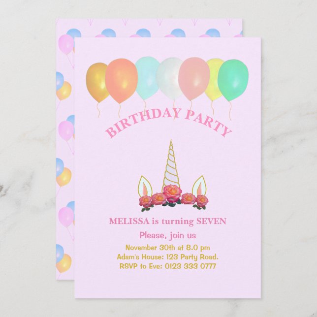 Unicorn & Balloons Birthday-inbjudan Inbjudningar (Fram/baksida)