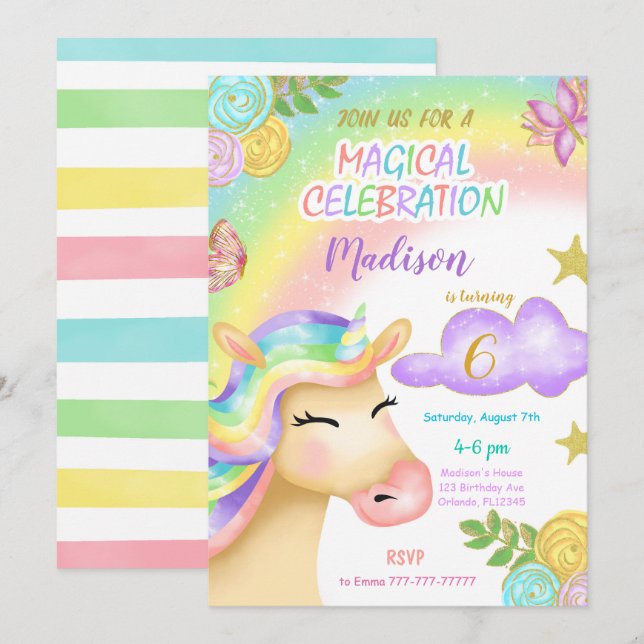 Unicorn Barns födelsedag Party-inbjudan Inbjudningar (Fram/baksida)