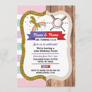 Unicorn & Baseball Joint Boy Birthday Sports Inbjudningar