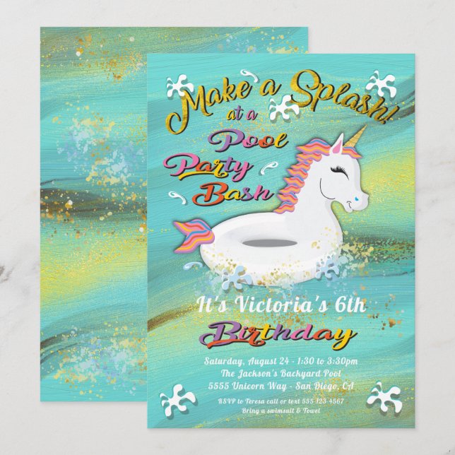 Unicorn Bassäng Party Birthday Bash Inbjudningar (Fram/baksida)