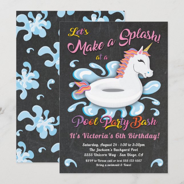 Unicorn Bassäng Party Birthday Bash Inbjudningar (Fram/baksida)