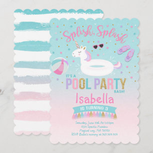 Unicorn Bassäng Party Birthday Bjud Rosa Guld Inbjudningar
