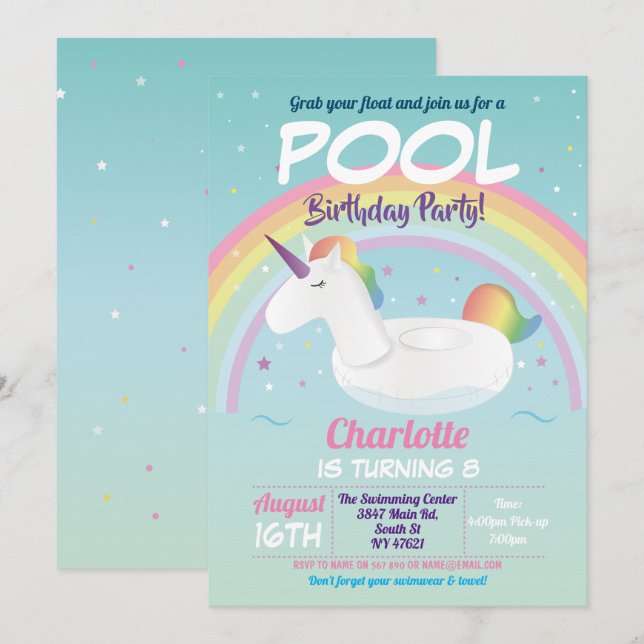 Unicorn Bassäng Party Birthday Rainbow Beach Flyte Inbjudningar (Fram/baksida)