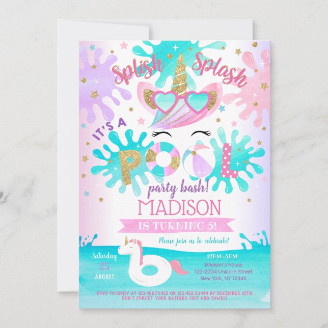 Unicorn Bassäng Party Födelsedagsfest inbjudan (Framsida)