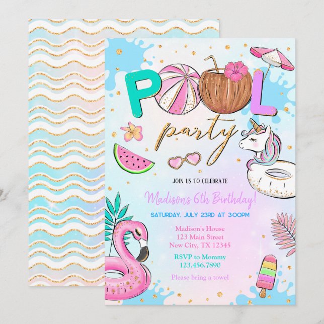 Unicorn bassäng Party Inbjudningar (Fram/baksida)