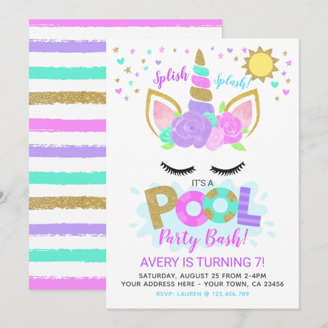 Unicorn Bassäng Party Inbjudningar (Fram/baksida)