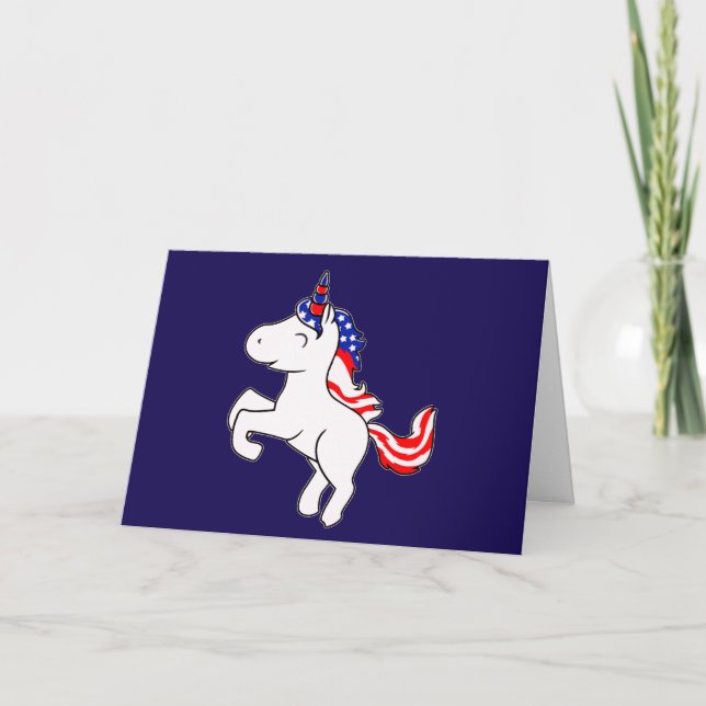 Unicorn Benvit Patriotic USA flagga Mane Tecknad Kort (Framsida)